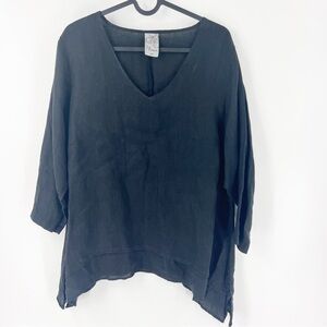 ✅ LA FIXSUN BLACK LINEN SHARKBITE SCOOP NECK TOP/TUNIC‎ LAGENLOOK SIZE SMALL